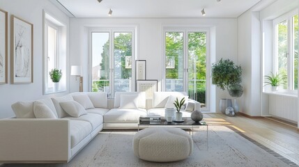 A bright and airy living room with white walls and contemporary furnishings, providing a clean and inviting space for relaxation and socializing.