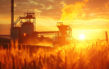 Fototapeta premium Industrial factory with smokestacks at sunset. Golden wheat field in foreground. Atmospheric rural scene with warm colors and industrial elements.