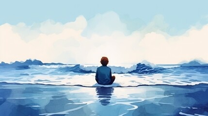 Fototapeta premium A man sits on the beach, looking out at the ocean, watercolor illustrations, summer, vacation time.