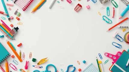 A colorful frame made of assorted school supplies and stationery, including pencils, markers, scissors, and notebooks, arranged in a flat lay on a white background with ample copy space.