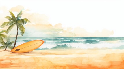 A surfboard is laying on the sand next to a palm tree, watercolor illustrations, summer, vacation time.