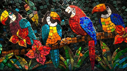 Crafted from colorful glass tiles, a vibrant mosaic depicts various birds perched among colorful flowers.