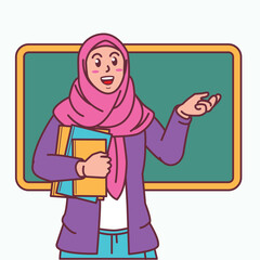 Cartoon of a female teacher in a hijab carrying a book, and a blackboard behind her