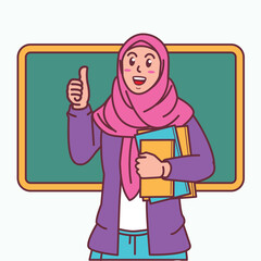 Cartoon of a female teacher in a hijab carrying a book, and a blackboard behind her