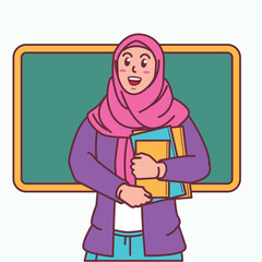 Cartoon of a female teacher in a hijab carrying a book, and a blackboard behind her