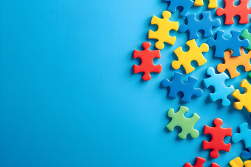 World Autism Awareness Day concept featuring blue puzzle pieces and ribbon to promote understanding and support for individuals with autism. Suitable for social media, education,...