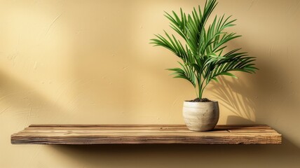 Lush Palm Plant in Ceramic Pot on Rustic Wooden Shelf Against Warm Beige Wall.
