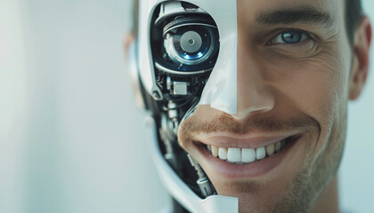 Human with half robot face close up portrait on isolated background - ai generative