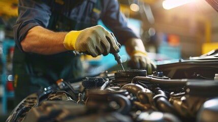 Experienced Male Mechanic Repairing Engine in Well-Lit Garage - Side Angle View