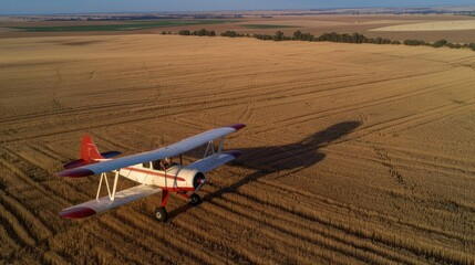 an airplane soaring gracefully over a vast field of golden wheat, illuminated by the sun casting long shadows, against a clear blue sky.