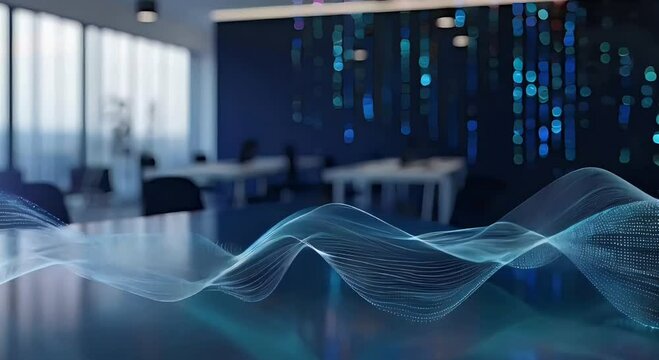 Business white Modern office on blurred background, with analysis business Abstract dot point connect with colored line, futuristic internet network connection, generative ai 