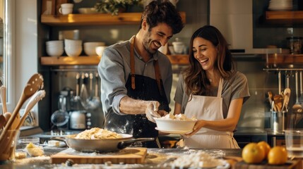 Joyful Couple Baking Together in Modern Kitchen: Happy man and woman laughing and enjoying baking session, bright indoor light, side angle view