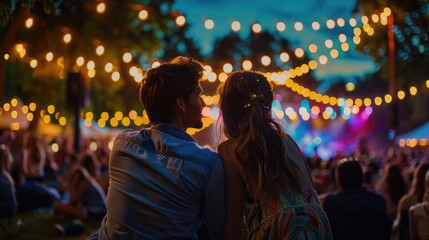 Embracing the Melodies: Couple Mesmerized at Evening Concert Under Twilight Sky
