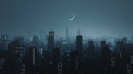 A city skyline at night with a crescent moon in the sky