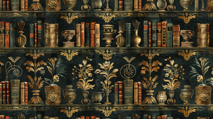 A bookcase with many books and vases