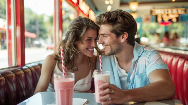Sweet moment in a retro diner: Couple sharing a milkshake with two straws under bright indoor light from a side angle