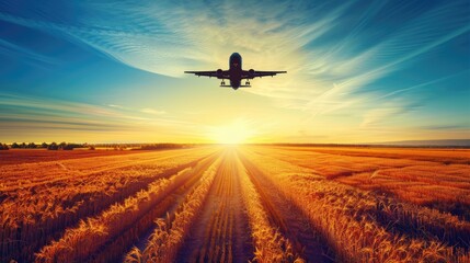an airplane soaring gracefully over a vast field of golden wheat, illuminated by the sun casting long shadows, against a clear blue sky. - Powered by Adobe