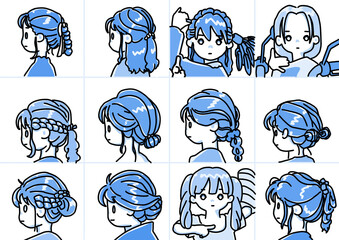 無表情な女性の髪型バリエーション