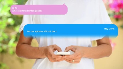 A woman participates in a concise yet meaningful conversation with an AI, with the dialogue in focus and her hands holding the phone visible in the background.