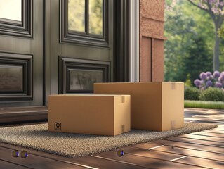 Two cardboard boxes on a doormat in front of a house door, symbolizing online shopping and delivery.