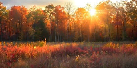 Vivid autumn leaves in a sunlit meadow on the longest day of summer. Concept Seasonal Photography, Nature's Splendor, Sunlit Scenery, Autumnal Vibes, Vibrant Foliage