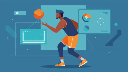 In a virtual training session a basketball player visualizes their shooting form and receives realtime analytics to improve their accuracy.. Vector illustration