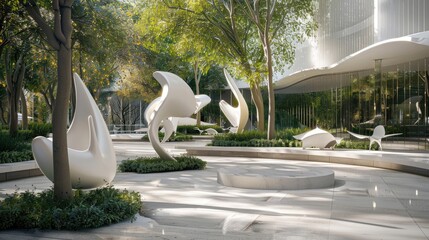 A serene outdoor plaza with abstract white sculptures featuring minimalist curves, providing a...
