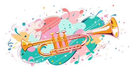 Vibrant Trumpet with Colorful Splashes and Musical Notes Illustration