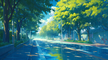 Streets with green trees along the roads in rainy weather