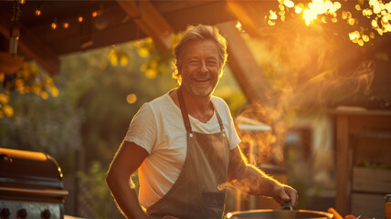 Man Cooking Outdoors BBQ Smiling Chef Apron Sunset Warm Light Happy Mature Backyard Food Grilling Relaxation Enjoyment Cooking