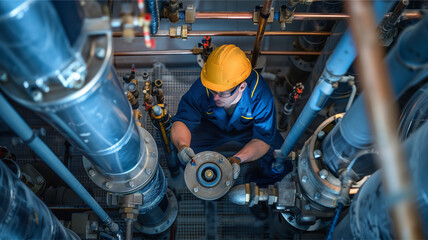 Technician Working Pipes Industrial Maintenance Engineer Hard Hat Focused Mechanical Equipment Plumbing System Professional Repair