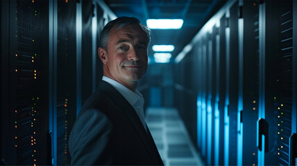 Man Data Center Server Room Technology Professional Engineer Mature Focused Confident IT Infrastructure High-Tech Environment Business
