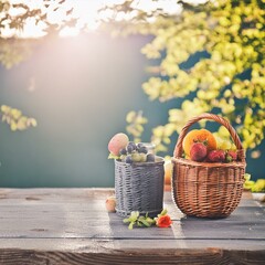 dark wooden table and a wicker basket ready for a sunny holiday camping day sunlit environment joys of outdoor exploration and relaxation, basket with fruits and berries