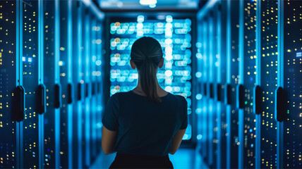 Woman Data Center Server Room Technology Professional Engineer Back View High-Tech Environment IT Infrastructure Network Management