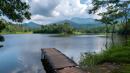 Serene Lakeside View with Green Trees, Towering Mountains, and Wooden Pier Perfect for Tranquil Escape