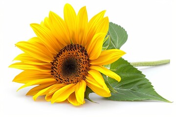 Obraz premium Close-up of a beautiful sunflower with vibrant yellow petals and green leaves, isolated on a white background. Ideal for floral and nature themes.