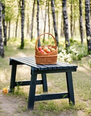 dark wooden table and a wicker basket ready for a sunny holiday camping day sunlit environment joys of outdoor exploration and relaxation, picnic basket with apples