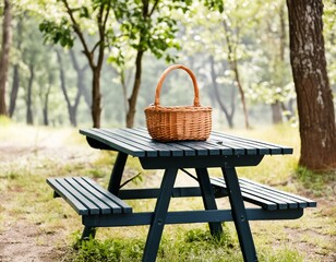 dark wooden table and a wicker basket ready for a sunny holiday camping day sunlit environment joys of outdoor exploration and relaxation, picnic table in the park