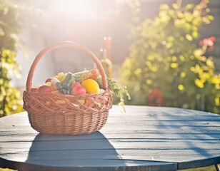 picnic basket with fruits and vegetables,, dark wooden table and a wicker basket ready for a sunny holiday camping day sunlit environment joys of outdoor exploration and relaxation