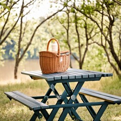 picnic basket in the park, dark wooden table and a wicker basket ready for a sunny holiday camping day sunlit environment joys of outdoor exploration and relaxation