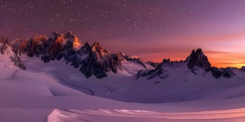 Enchanting Landscape: Lavender Sky, Snowy Mountains, and Twinkling Stars. Concept Nature Photography, Night Sky, Scenic Views, Romantic Sunset, Majestic Landscapes