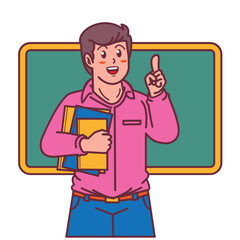Cartoon male teacher carrying a book, and a blackboard behind him