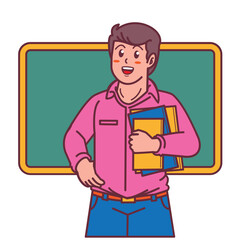 Cartoon male teacher carrying a book, and a blackboard behind him