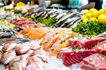 Obraz premium Fresh seafood variety including salmon, tuna, and other fish fillets on ice at a market.