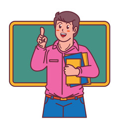 Cartoon male teacher carrying a book, and a blackboard behind him