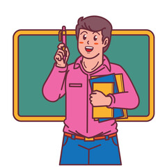 Cartoon male teacher carrying a book, and a blackboard behind him