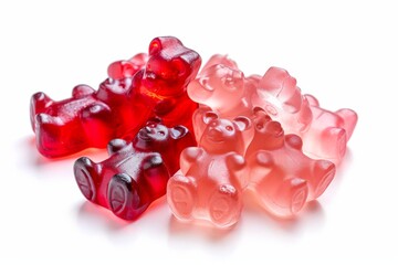 Pile of red and pink gummy bears isolated on white background