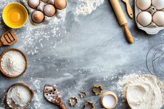 Overhead view of a baking setup with flour, eggs, rolling pin, and cookie cutters on a kitchen table, with space on the top right for customization