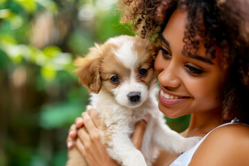 Woman with curly hair holding a puppy, both smiling and enjoying a moment together outdoors.