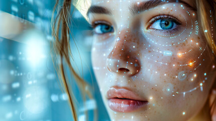 Attractive woman with a holographic interface projection mapping across her face. AI integration